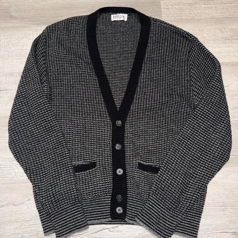 Vintage 80s Jantzen Cardigan Sweater Black Gray Grandpa Grunge Knit Size Medium
